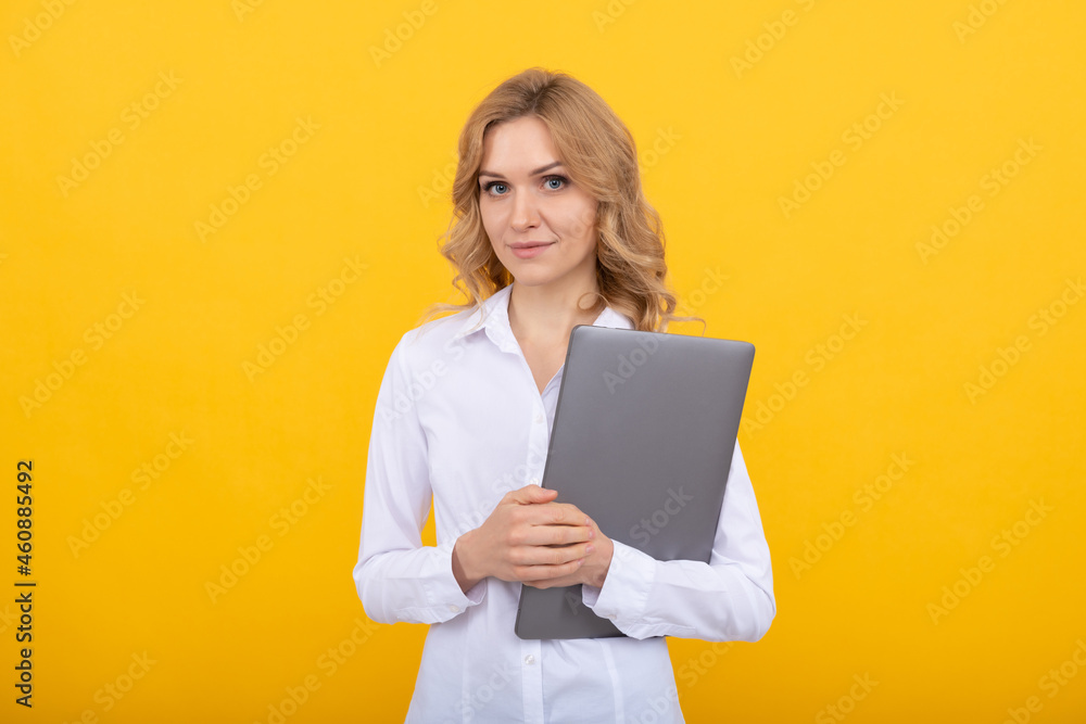 smiling freelance woman hold wireless computer. businesswoman use laptop for blogging smiling freelance woman hold wireless computer. businesswoman use laptop for blogging