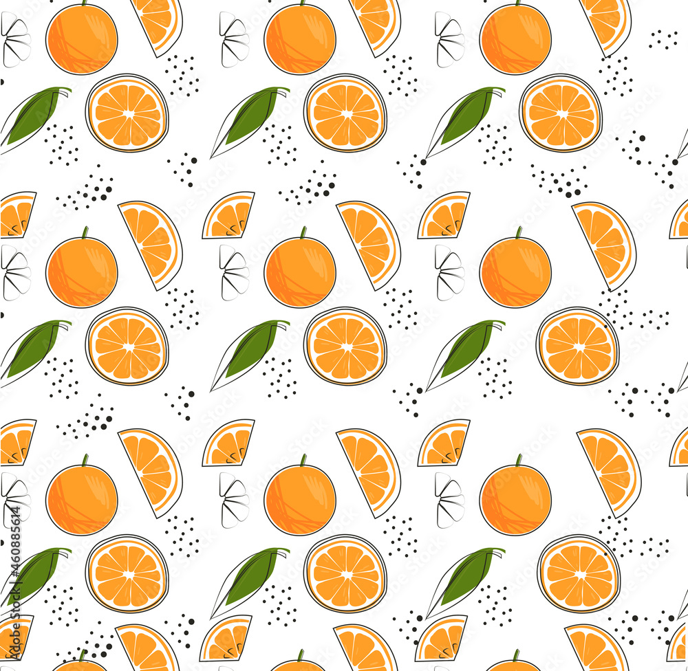 Citrus fruit seamless pattern. Pictures for printing on fabric and tshirt, beautiful bedding. Pencil drawn oranges, summer fruits. Cartoon flat vector illustration isolated on white background