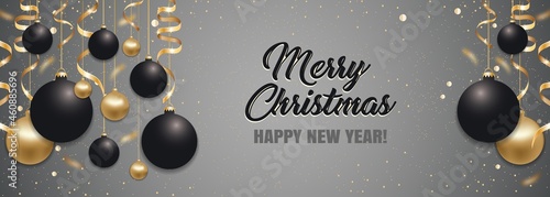 Christmas light grey background with black Christmas balls and golden ribbons. Happy New Year decoration. Elegant Xmas banner or poster with baubles. Vector
