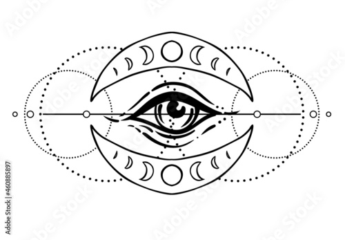 Eye of Providence. Masonic symbol. All seeing eye inside triple moon pagan Wicca moon goddess symbol. Vector illustration. Tattoo, astrology, alchemy, boho and magic symbol. Coloring book.