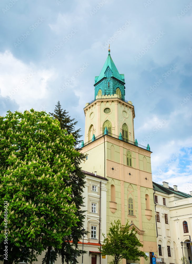 Trinity (Trynitarska) tower and cozy street of city Lublin, Poland, Europe