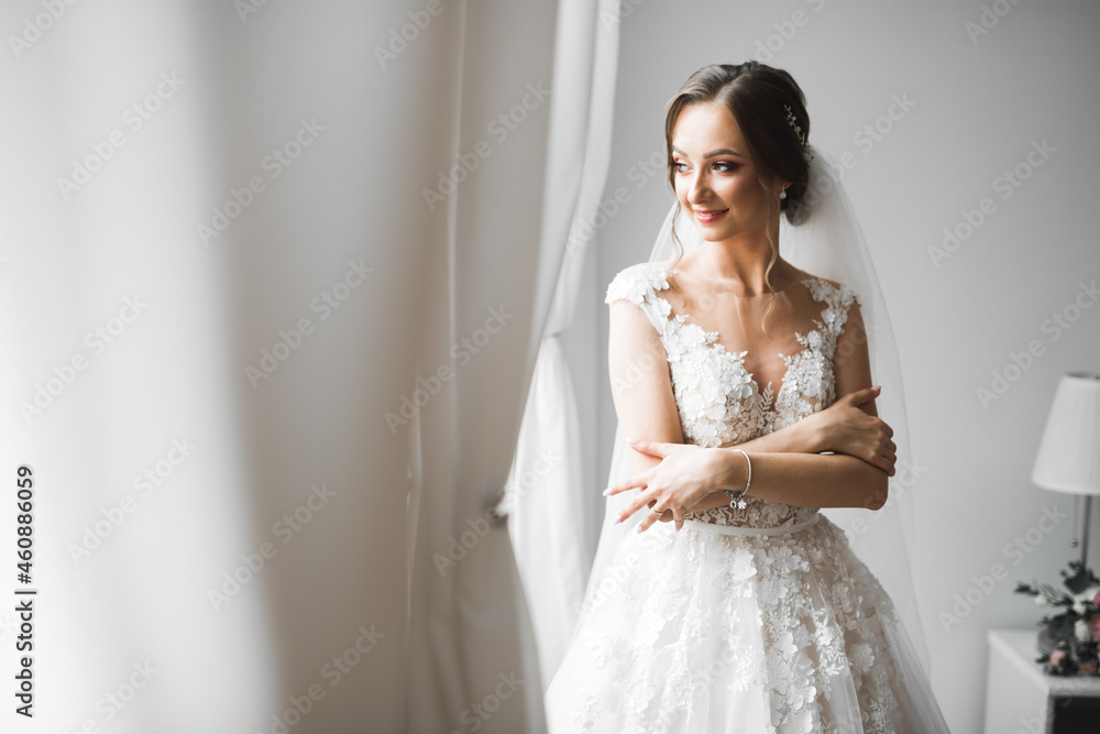 Gorgeous bride in robe posing and preparing for the wedding ceremony face in a room Gorgeous bride in robe posing and preparing for the wedding ceremony face in a room