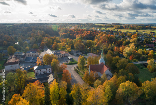Latvia, Rauna village from the golden autumn of a bird's eye view