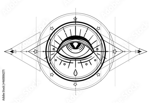 Eye of Providence. Masonic symbol. All seeing eye inside triple moon pagan Wicca moon goddess symbol. Vector illustration. Tattoo, astrology, alchemy, boho and magic symbol. Coloring book.