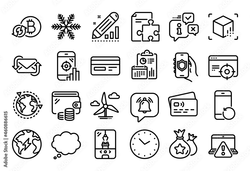 Vector set of Security app, Crane claw machine and Notification bubble line icons set. Calendar report, Money wallet and Credit card tag. Credit card, Online warning and Outsourcing icons. Vector