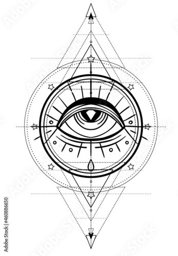 Eye of Providence. Masonic symbol. All seeing eye inside triple moon pagan Wicca moon goddess symbol. Vector illustration. Tattoo, astrology, alchemy, boho and magic symbol. Coloring book.