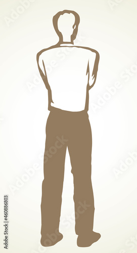 A man stands and looks into the distance. The view from the back. Vector drawing