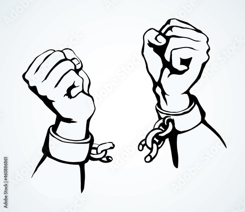 Hands tearing shackles. Vector drawing
