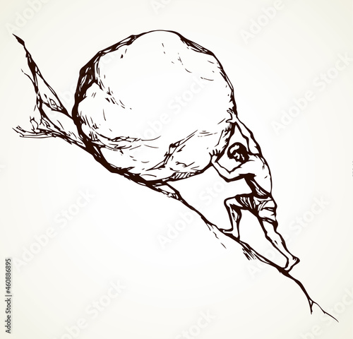 A man rolls a stone up the hill. Vector drawing
