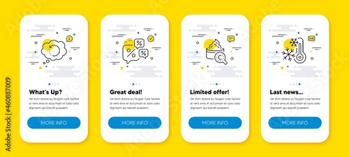 Vector set of Collagen skin, Discounts chat and Recovery data line icons set. UI phone app screens with line icons. Freezing icon. Skin care, Sale bubbles, Backup info. Air conditioning. Vector