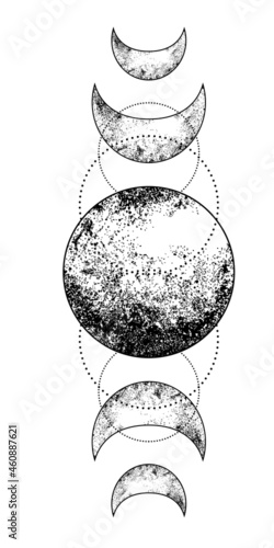 Triple moon pagan Wicca moon goddess symbol. Three-faced Goddess, Maiden, Mother, Crone vector illustration. Tattoo, astrology, alchemy, boho and magic symbol. Coloring book.