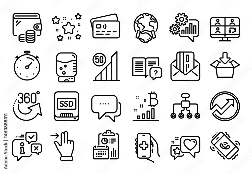 Vector set of Global business, Touchscreen gesture and Ssd line icons set. Calendar report, Money wallet and Credit card tag. Get box, Restructuring and Message icons. Vector
