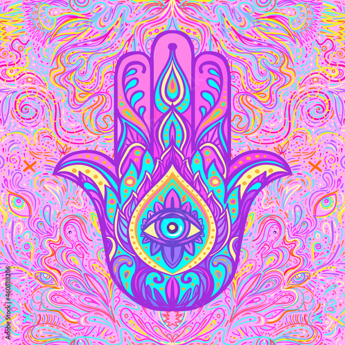 Sacred hand drawn hamsa symbol seamless pattern. Popular Arabic and Jewish amulet. Vector illustration in rainbow colors. Repetition background for textiles , wrapping paper or wallpapers.