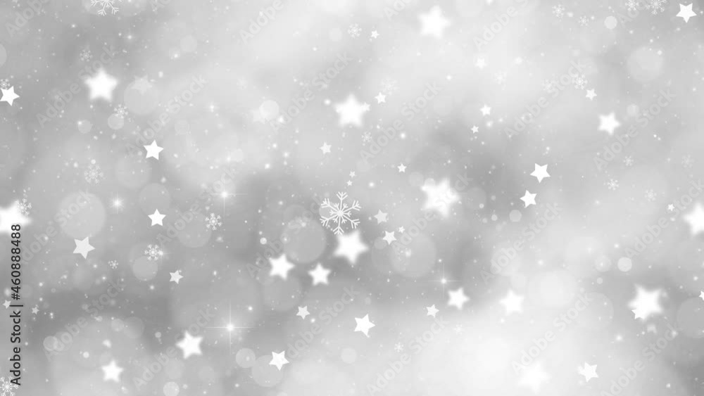 bright silver christmas stars and falling snowflakes on a beautiful blurry bokeh background, holiday concept animation. bright silver christmas stars and falling snowflakes on a beautiful blurry bokeh background, holiday concept animation.