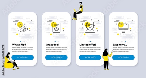 Vector Set of line icons related to Skin care, Approved mail and View document icons. UI phone app screens with people. Road banner line symbols. Hand cream, Confirmed document, Open file. Vector