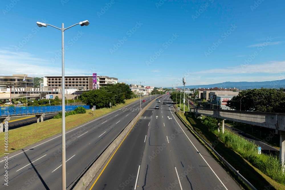 San Jose, Costa Rica. August 8, 2021: Landscape with blue sky on the Próspero Fernández highway.