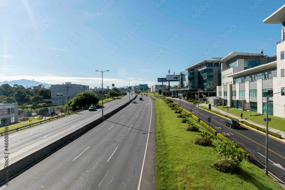 San Jose, Costa Rica. August 8, 2021: Landscape with blue sky on the Próspero Fernández highway.