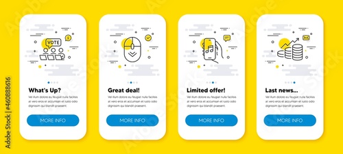Vector set of Music app, Online voting and Scroll down line icons set. UI phone app screens with line icons. Growth chart icon. Musical note, Internet poll, Mouse swipe. Money profit. Vector