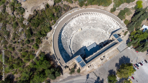 Aerial drone view of Aspendos Anthique Theater, best-preserved antique theater in the world, Antalya - Turkey