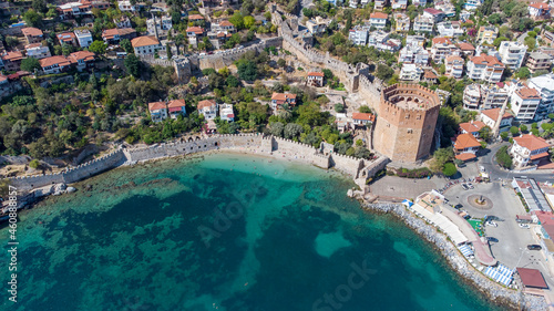 An aerial view of the bay Alanya in Antalya Turkey. Sea and city with an open sky. Kizil Kule - Alanya