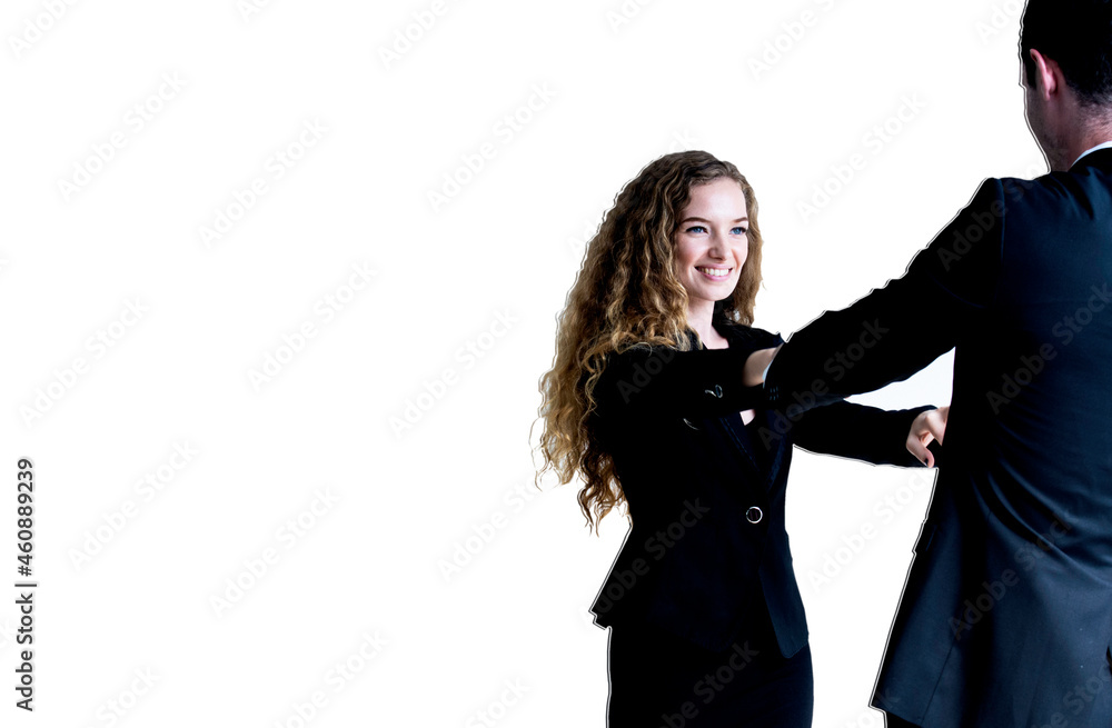 Happy couple wearing suit smiling and embracing each other while looking at each other isolated against white. Professional successful couple embracing together. Relationships and people concept Happy couple wearing suit smiling and embracing each other while looking at each other isolated against white. Professional successful couple embracing together. Relationships and people concept