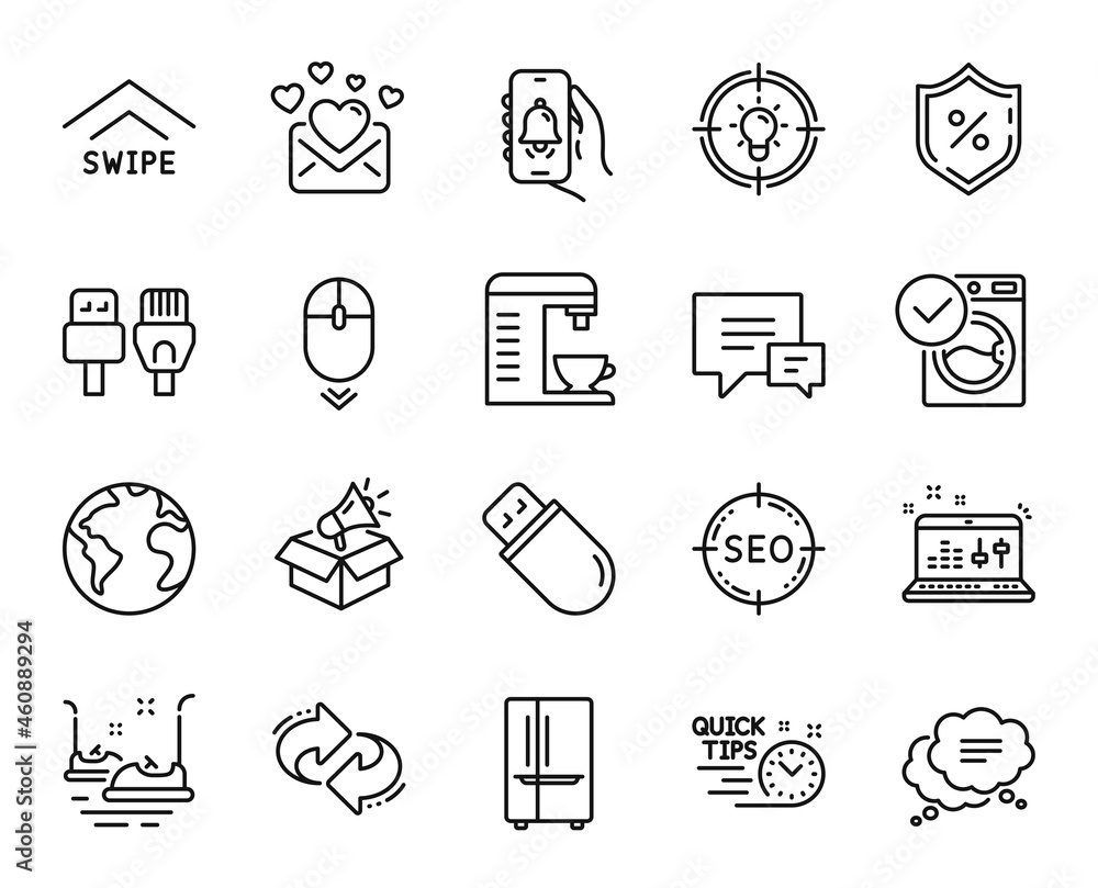Vector set of Seo, Refrigerator and Idea line icons set. Comment, Love mail and World planet icons. Bell alert, Swipe up and Bumper cars signs. Text message, Refresh and Computer cables. Vector Vector set of Seo, Refrigerator and Idea line icons set. Comment, Love mail and World planet icons. Bell alert, Swipe up and Bumper cars signs. Text message, Refresh and Computer cables. Vector