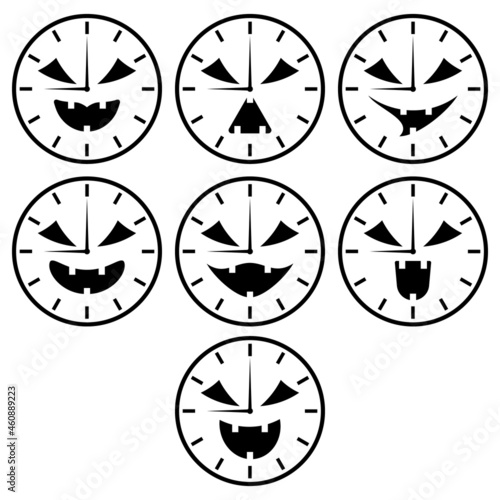 Cartoon halloween clock with scary face. Black and white vector set icons and illustrations.