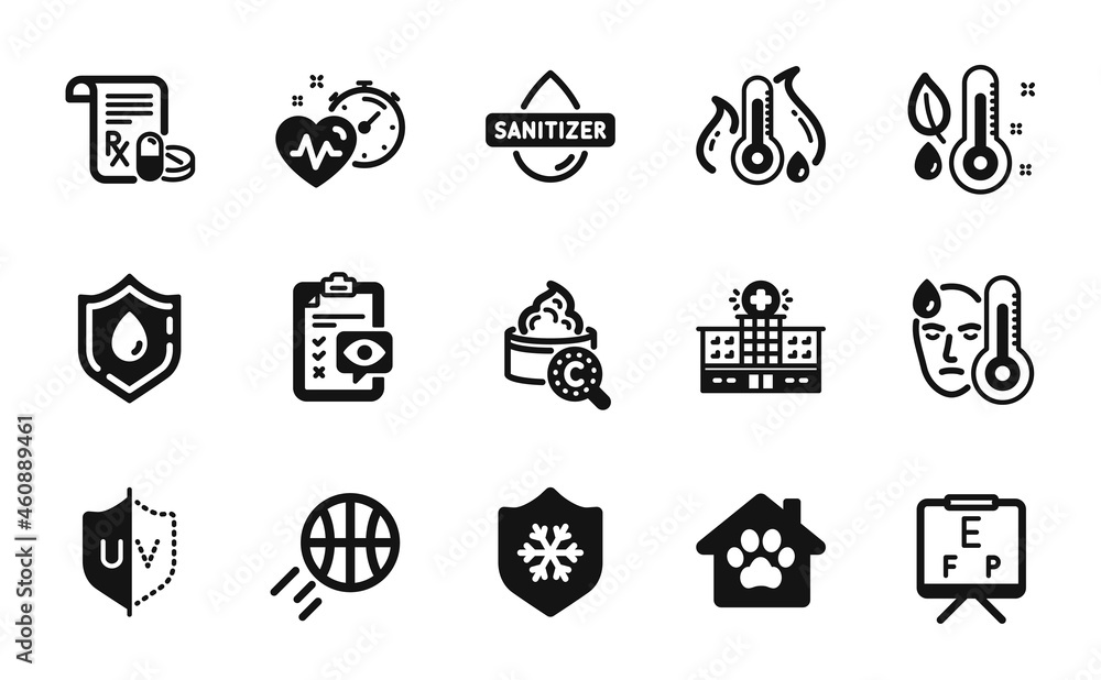 Vector set of Medical prescription, Clean skin and Hospital building icons simple set. Basketball, Eye checklist and Collagen skin icons. Medical prescription simple web symbol. Vector