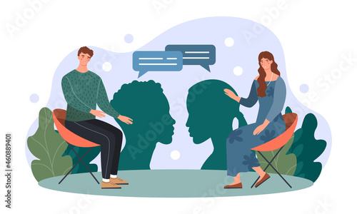 Man chatting with woman in park. Communication skills, reasoning. Romantic date, meeting, couple, love. Empathy, open mind, reasoning. Cartoon flat vector illustration isolated on white background
