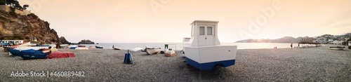 Panoramic photograph at sunset of the beach of San Cristobal, Almuñecar. Granada, Costa Tropital, Spain, photo