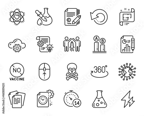 Vector set of Swipe up, Project deadline and Partnership line icons set. Atom, Electricity and Ab testing icons. Cogwheel, Documents and Chemistry experiment signs. Swipe up web symbol. Vector