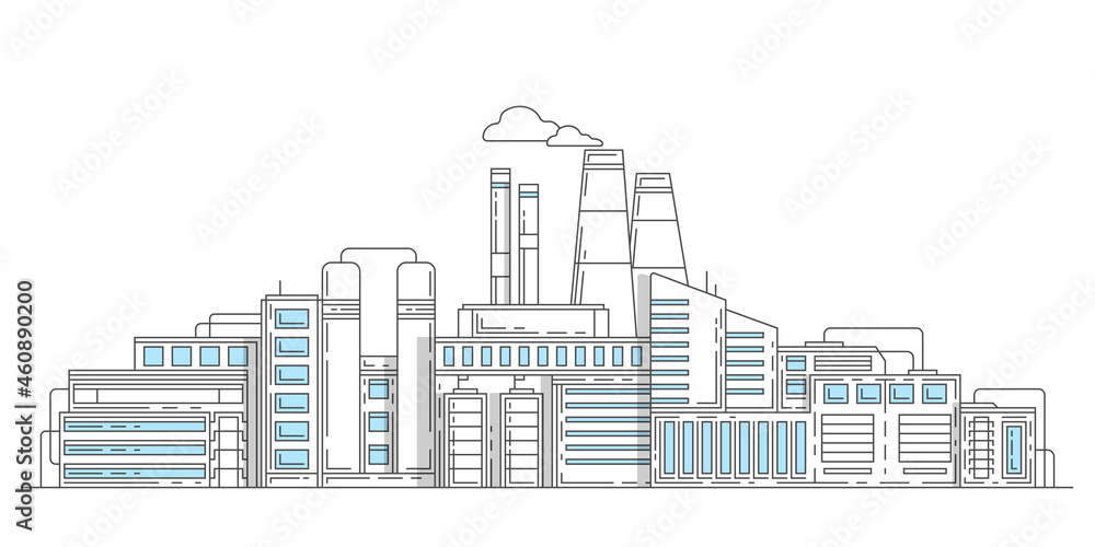 Industrial complex with pipes.City factory.Modern thin line design style.Buildings architecture. vector illustration.