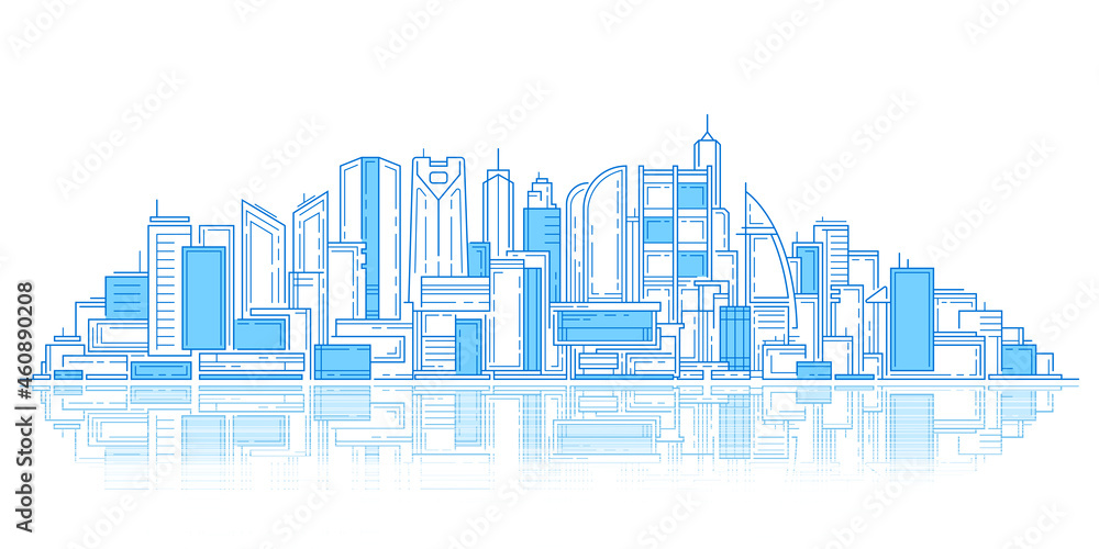 Drawing of skyscrapers, buildings.Architecture panoramic landscape.City skyscrapers .Vector illustration.