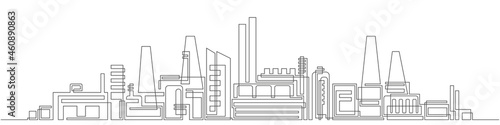 Industrial complex with pipes.City factory.One line drawing.Buildings architecture. vector, illustration.
