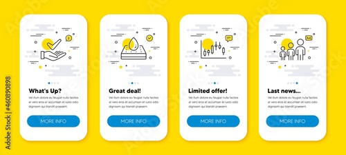 Vector set of Waterproof mattress, Dermatologically tested and Candlestick graph line icons set. UI phone app screens with line icons. Business hierarchy icon. Vector
