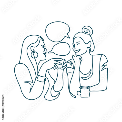 Continuous line drawing of two women drinking coffee in a restaurant. Two happy girls chatting, laughing and talking. Two lady having a conversation. Vector one line illustration.