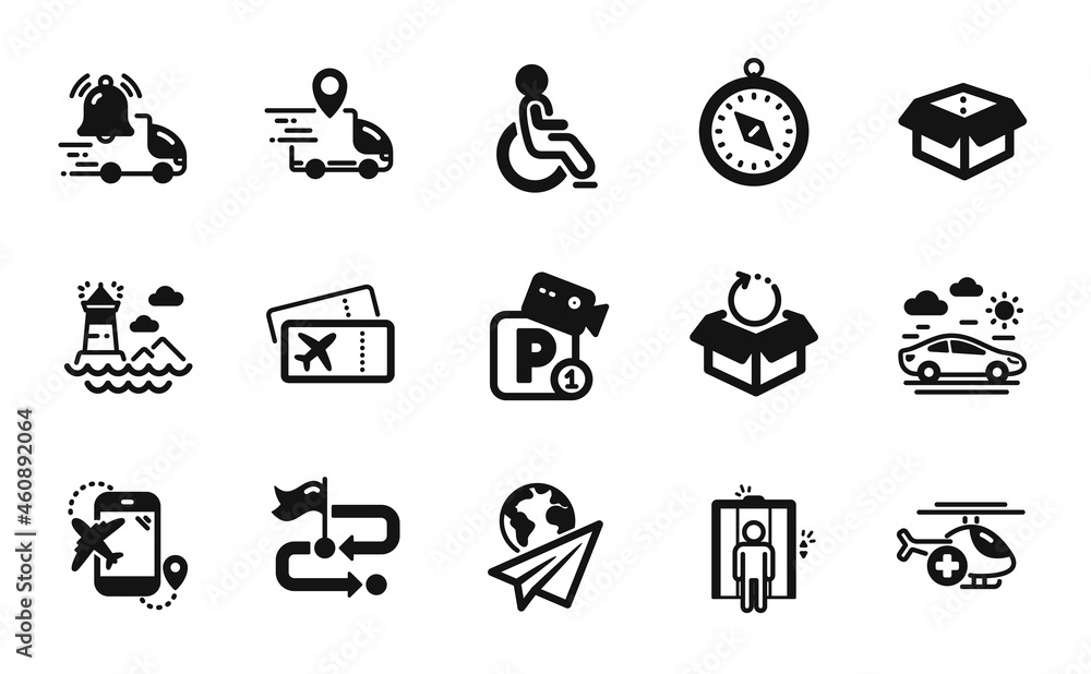 Vector set of Elevator, Parking security and Travel compass icons simple set. Lighthouse, Boarding pass and Paper plane icons. Disabled, Medical helicopter and Open box signs. Vector