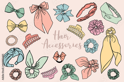 Hair accessories collection. Bundle of hand drawn, doodle scrunchies, hair ties, bows and hair clip icons.