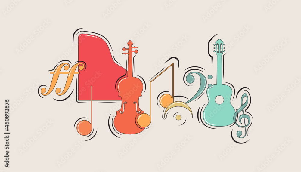 Classical music background. Abstract colorful instrument and symbols