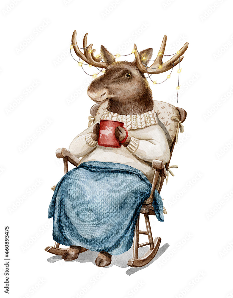Watercolor Christmas vintage man moose in sweater clothes and plaid holding holiday hot drink in rocking chair isolated on white background. Hand drawn illustration sketch - obrazy, fototapety, plakaty 