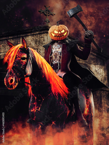 Monster horseman with a pumpkin head riding a ghost horse and holding an axe in his hand. 3D render.
