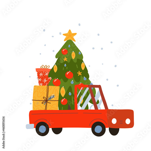 Bright red Christmas delivery truck with decorated xmas tree and gift boxes. New Year gifts and delivery services isolated on white background. Fun modern flat vector illustration.