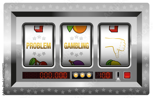 PROBLEM GAMBLING, labeled poker machine reels with thumb down symbol. Symbolic for pathological gambling addiction and impulse disorders concerning games of chance. Vector illustration.
