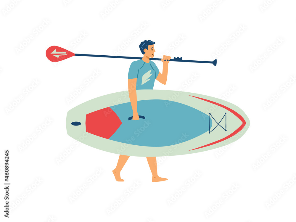 Young man holding paddle board going to beach for engaged sup surfing.