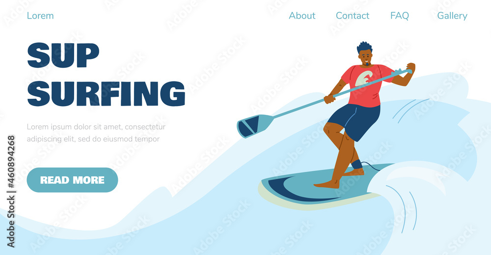Web banner with young man standing on paddle board in sea or ocean waves Web banner with young man standing on paddle board in sea or ocean waves
