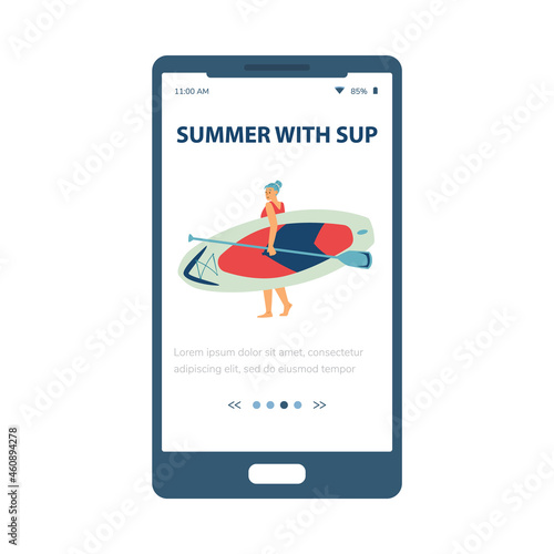 Mobile phone screen with advertise of summer sup surfing a vector illustration
