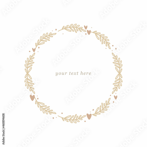 Hand-drawn illustration, vector. Outline drawing in a minimalistic style. Twigs, hearts, and dots. Template for text, round frame. Plant and abstract shapes. Design element for cards, invitations.