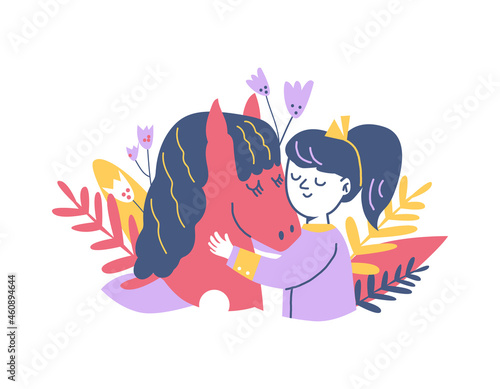 Happy girl hugging pony cartoon vector illustration