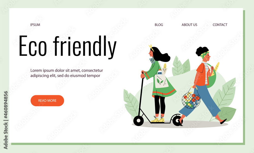 Eco friendly lifestyle and rules website template, flat vector illustration.