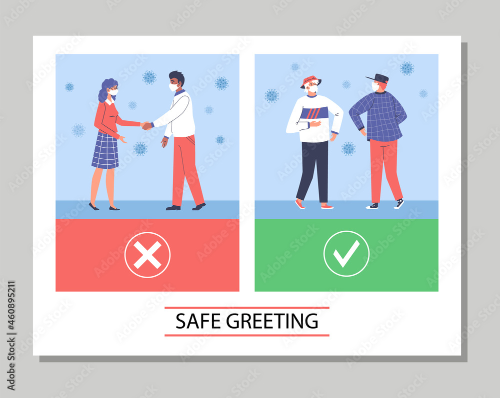 Safe greeting cards with people greeting contactlessly, flat vector illustration.